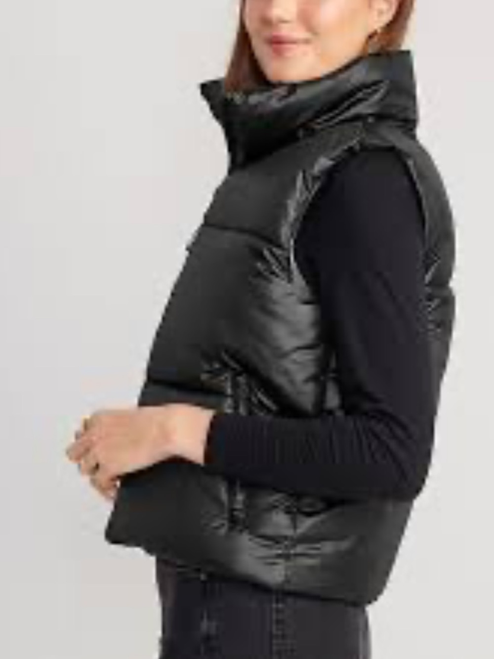 Old‎ Navy Black Faux Leather Quilted Puffer Vest with High Collar
